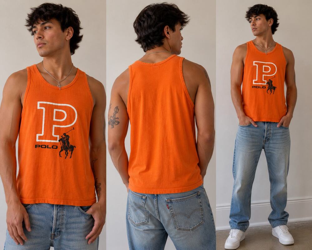 Polo Sport Ralph Lauren Orange Graphic Tank Top Men's Large Cotton Casual Y2K